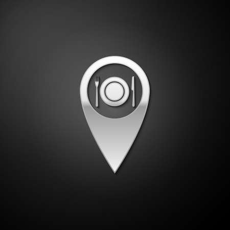 Silver Map pointer with restaurant and cutlery, dish, fork, knife icon isolated on black background. Long shadow style. Vectorのイラスト素材