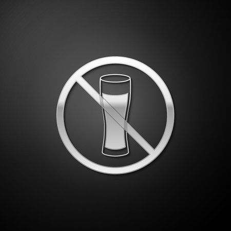 Silver No alcohol icon isolated on black background. Prohibiting alcohol beverages. Forbidden symbol with beer bottle glass. Long shadow style. Vectorのイラスト素材