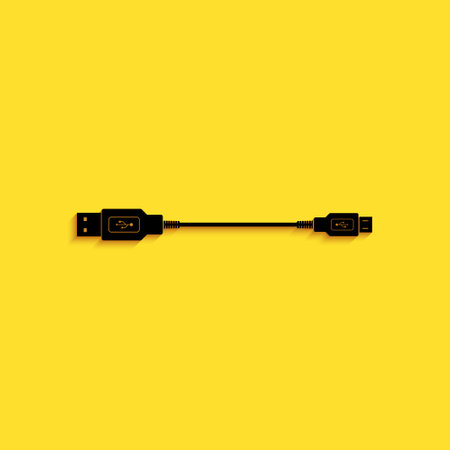 Black USB Micro cables icon isolated on yellow background. Connectors and sockets for PC and mobile devices. Smartphone recharge supply. Long shadow style. Vectorのイラスト素材