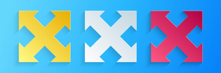 Paper cut Arrows in four directions icon isolated on blue background. Paper art style. Vectorのイラスト素材