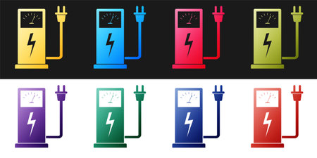 Set Electric car charging station icon isolated on black and white background. Eco electric fuel pump sign. Vectorのイラスト素材