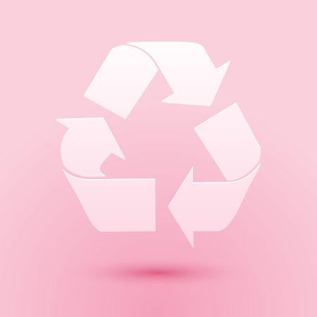 Paper cut Recycle symbol icon isolated on pink background. Circular arrow icon. Environment recyclable go green. Paper art style. Vectorのイラスト素材