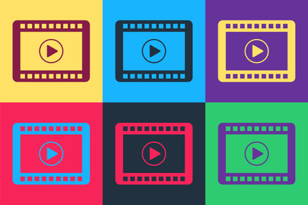 Pop art Play Video icon isolated on color background. Film strip with play sign. Vectorのイラスト素材