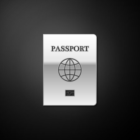 Silver Passport with biometric data icon isolated on black background. Identification Document. Long shadow style. Vectorのイラスト素材