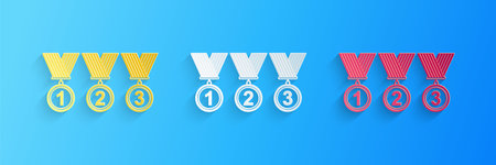 Paper cut Set Medal icon isolated on blue background. Winner simbol. Paper art style. Vectorのイラスト素材
