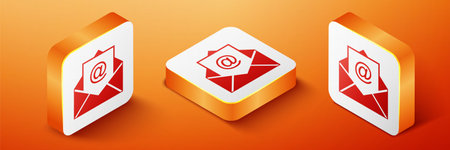 Isometric Mail and e-mail icon isolated on orange background. Envelope symbol e-mail. Email message sign. Orange square button. Vectorのイラスト素材