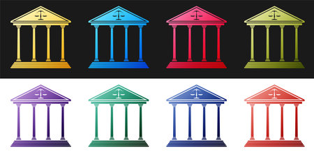 Set Courthouse building icon isolated on black and white background. Vectorのイラスト素材