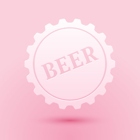 Paper cut Bottle cap with beer word icon isolated on pink background. Paper art style. Vectorのイラスト素材