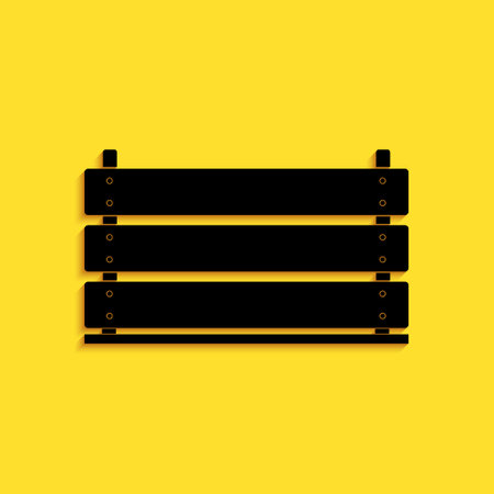 Black Wooden box icon isolated on yellow background. Grocery basket, storehouse crate. Empty wooden container for vegetables, products. Long shadow style. Vectorのイラスト素材
