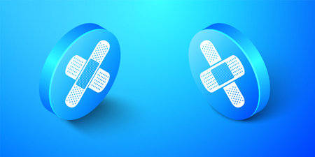 Isometric Set Bandage plaster icon isolated on blue background. Medical plaster, adhesive bandage, flexible fabric bandage. Blue circle button. Vectorのイラスト素材
