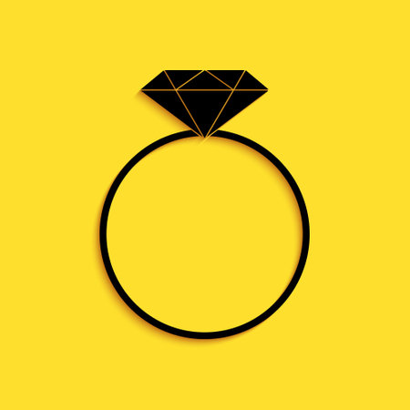 Black Diamond engagement ring icon isolated on yellow background. Long shadow style. Vectorのイラスト素材
