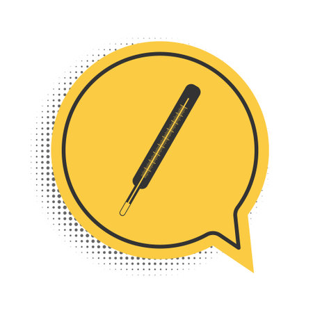 Black Medical thermometer icon isolated on white background. Yellow speech bubble symbol. Vectorのイラスト素材