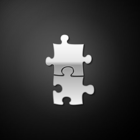 Silver Piece of puzzle icon isolated on black background. Business, marketing, finance, template, layout, infographics, internet concept. Long shadow style. Vectorのイラスト素材