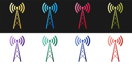 Set Antenna icon isolated on black and white background. Radio antenna wireless. Technology and network signal radio antenna. Vectorのイラスト素材