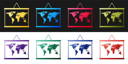 Set World map on a school blackboard icon isolated on black and white background. Drawing of map on chalkboard. Vectorのイラスト素材