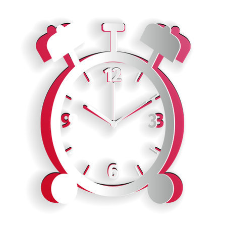Paper cut Alarm clock icon isolated on white background. Wake up, get up concept. Time sign. Paper art style. Vectorのイラスト素材