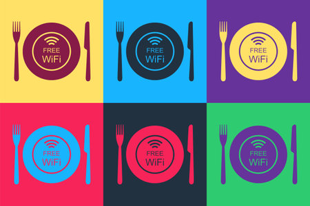 Pop art Restaurant Free WiFi zone icon isolated on color background. Plate, fork and knife sign. Vectorのイラスト素材