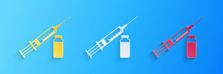 Paper cut Medical syringe with needle and vial or ampoule icon isolated on blue background. Vaccination, injection, vaccine, insulin concept. Paper art style. Vectorのイラスト素材
