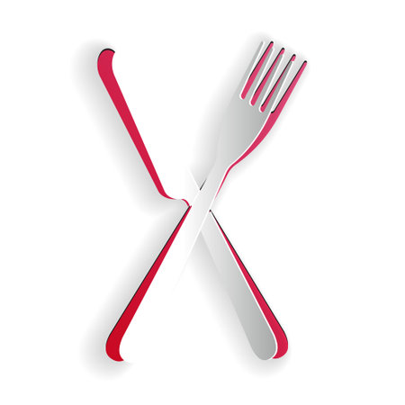 Paper cut Crossed fork and knife icon isolated on white background. Restaurant icon. Paper art style. Vectorのイラスト素材