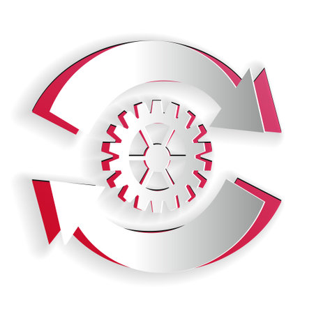 Paper cut Gear and arrows as workflow concept icon isolated on white background. Gear reload sign. Paper art style. Vectorのイラスト素材