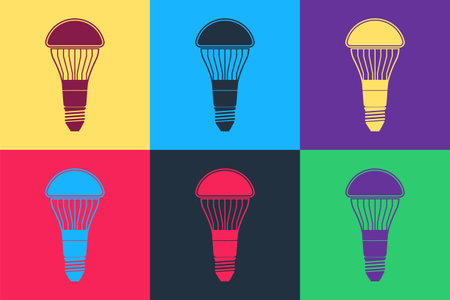 Pop art LED light bulb icon isolated on color background. Economical LED illuminated lightbulb. Save energy lamp. Vectorのイラスト素材
