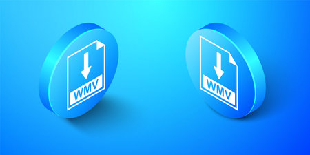 Isometric WMV file document icon. Download WMV button icon isolated on blue background. Blue circle button. Vectorのイラスト素材