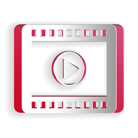 Paper cut Play Video icon isolated on white background. Film strip with play sign. Paper art style. Vectorのイラスト素材