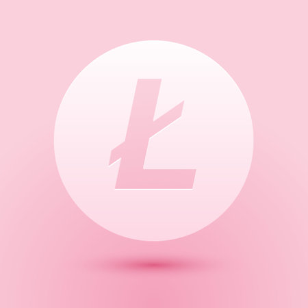 Paper cut Cryptocurrency coin Litecoin LTC icon isolated on pink background. Digital currency. Altcoin symbol. Blockchain based secure crypto currency. Paper art style. Vectorのイラスト素材