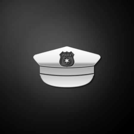 Silver Police cap with cockade icon isolated on black background. Police hat sign. Long shadow style. Vectorのイラスト素材
