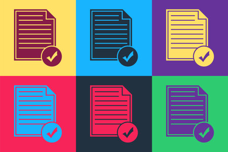 Pop art Document and check mark icon isolated on color background. Checklist icon. Business concept. Vectorのイラスト素材