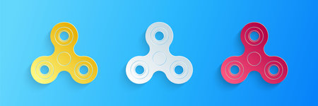 Paper cut Fidget spinner icon isolated on blue background. Stress relieving toy. Trendy hand spinner. Paper art style. Vectorのイラスト素材