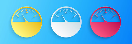 Paper cut Fuel gauge icon isolated on blue background. Full tank. Paper art style. Vectorのイラスト素材