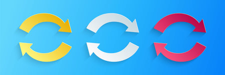 Paper cut Refresh icon isolated on blue background. Reload symbol. Rotation arrows in a circle sign. Paper art style. Vectorのイラスト素材