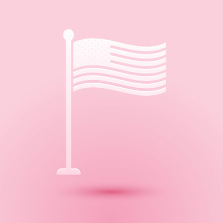 Paper cut National flag of USA on flagpole icon isolated on pink background. American flag sign. Paper art style. Vectorのイラスト素材