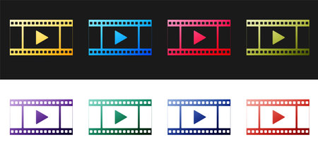 Set Play Video icon isolated on black and white background. Film strip with play sign. Vectorのイラスト素材