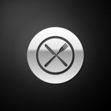 Silver Crossed fork and knife on plate icon isolated on black background. Restaurant symbol. Long shadow style. Vectorのイラスト素材