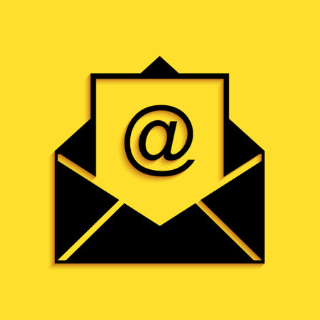 Black Mail and e-mail icon isolated on yellow background. Envelope symbol e-mail. Email message sign. Long shadow style. Vectorのイラスト素材