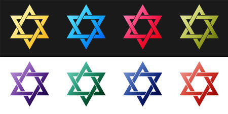 Set Star of David icon isolated on black and white background. Jewish religion symbol. Vectorのイラスト素材