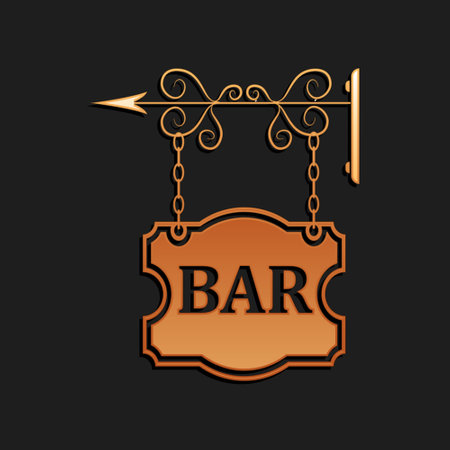 Gold Vintage signboard outdoor advertising with text Bar icon isolated on black background. Long shadow style. Vectorのイラスト素材