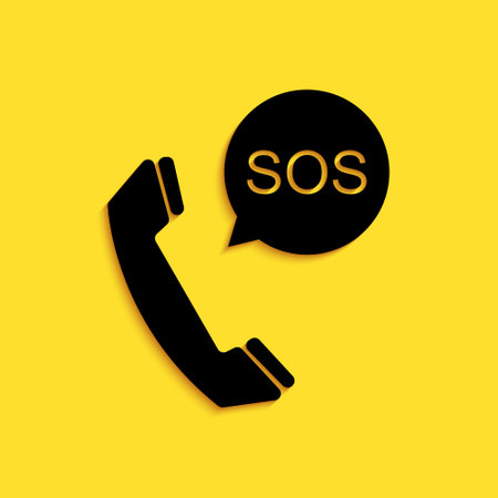 Black SOS call icon isolated on yellow background. 911, emergency, help, warning, alarm. Long shadow style. Vectorのイラスト素材