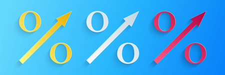 Paper cut Percent up arrow icon isolated on blue background. Increasing percentage sign. Paper art...