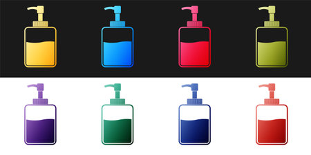 Set Hand sanitizer bottle icon isolated on black and white background. Disinfection concept. Washing gel. Alcohol bottle for hygiene. Vectorのイラスト素材