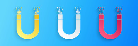 Paper cut Magnet icon isolated on blue background. Horseshoe magnet, magnetism, magnetize, attraction. Paper art style. Vectorのイラスト素材