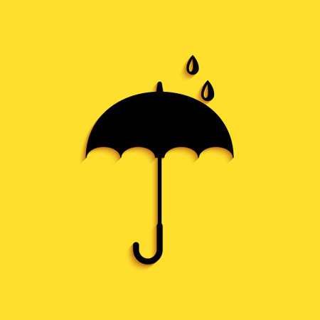 Black Classic elegant opened umbrella icon isolated on yellow background. Rain protection symbol. Long shadow style. Vectorのイラスト素材