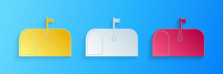 Paper cut Mail box icon isolated on blue background. Mailbox icon. Mail postbox on pole with flag. Paper art style. Vectorのイラスト素材