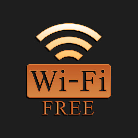 Gold Free Wifi icon isolated on black background. Wifi symbol. Wireless Network icon. Wifi zone. Long shadow style. Vectorのイラスト素材