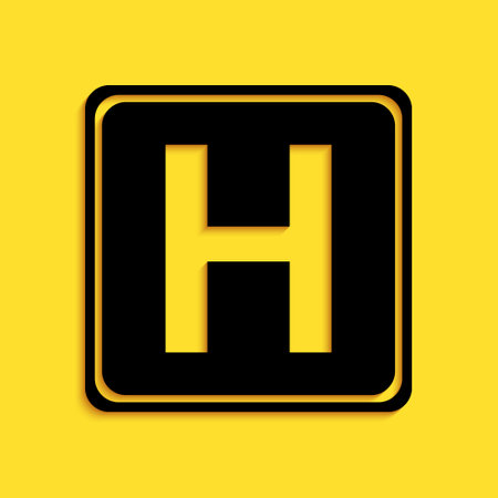 Black Hospital sign icon isolated on yellow background. Long shadow style. Vectorのイラスト素材