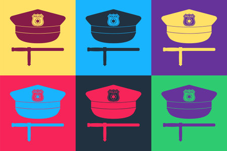 Pop art Police cap and rubber baton icon isolated on color background. Security truncheons. Police stick. Policeman uniform. Vectorのイラスト素材