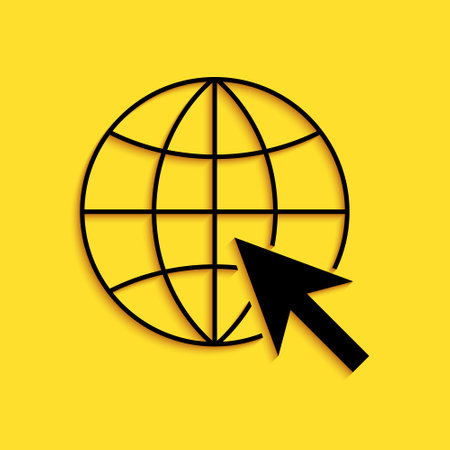Black Go To Web icon isolated on yellow background. Globe and cursor. Website pictogram. World wide web symbol. Long shadow style. Vectorのイラスト素材