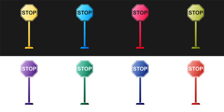Set Stop icon isolated on black and white background. Traffic regulatory warning stop symbol. Vectorのイラスト素材